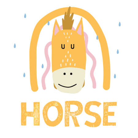 Childrens hand-drawn illustration of a horse head. Get in the rainbow and rain. Lettering. The illustration is suitable for prints, cards, posters.のイラスト素材
