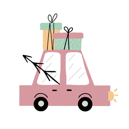 Childrens hand-drawn illustration of a car carrying a Christmas tree and gifts. New year concept. The illustration is suitable for postcards, prints and posters.のイラスト素材