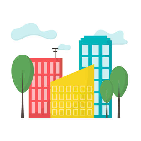 City illustration. Town with buildings and trees. City landscape. Flat style.のイラスト素材