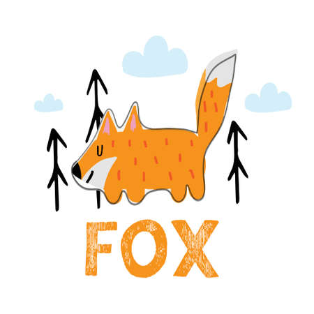 Childrens hand-drawn illustration of a red fox. Illustration of a cute fox and trees. The illustration is suitable for postcards, posters and prints.のイラスト素材