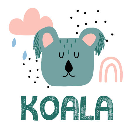 Childrens hand-drawn illustration of a koala. Cute koala head with rainbow. Illustration is suitable for prints, open, posters.のイラスト素材