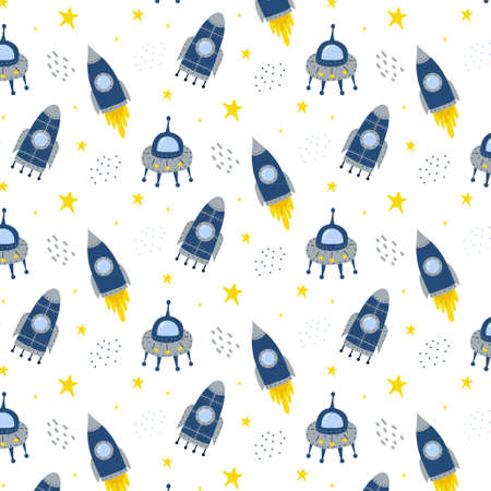Childrens hand-drawn pattern with a rocket and a spacecraft. Pattern of rockets in space. The pattern is suitable for fabrics, prints and posters.のイラスト素材