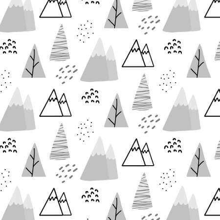 Childrens hand-drawn seamless pattern with mountains. The pattern is suitable for prints, posters, wrapping paper, fabrics.のイラスト素材