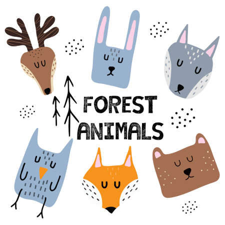 Childrens hand drawn set of illustrations of flattering animals. Cute deer, hare, wolf, fox, owl and bear heads set suitable for prints and posters.のイラスト素材