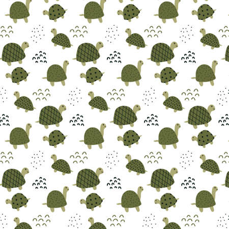 Childish hand-drawn pattern with cute green turtles. The pattern is suitable for prints, posters, fabrics.のイラスト素材