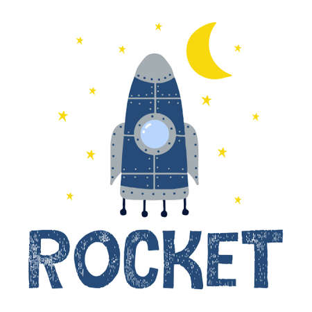 Childrens hand-drawn illustration of a blue rocket. Rocket among the stars. Lettering. Illustration for posters, cards and prints.のイラスト素材