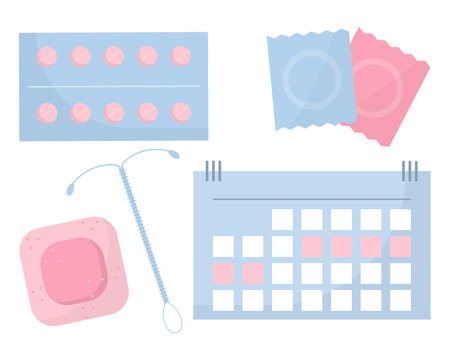 Contraception set. Types of contraception.The concept of awareness of contraceptive methods in the field of sexual and reproductive health. Safe sexual behavior, birth control.のイラスト素材