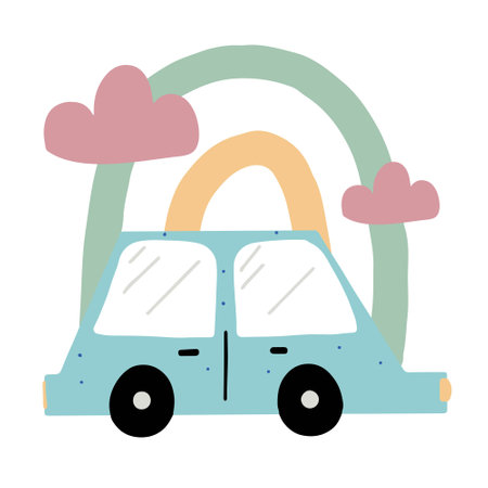 Childrens hand-drawn illustration of a blue car. Car on the background of a rainbow and clouds. The illustration is suitable for prints, cards and posters.のイラスト素材
