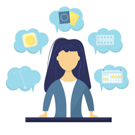 The girl is thinking about choosing a contraception. Types of contraception for women.のイラスト素材