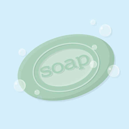 Illustration of a solid bar of soap with bubbles. Green solid soap with an inscription.のイラスト素材