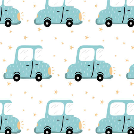 Childrens hand-drawn seamless pattern with a blue car.The pattern is suitable for prints, cards, posters, fabrics and wrapping paper.のイラスト素材