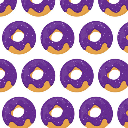 Donut seamless pattern. Pattern with a donut in purple glaze. The pattern is suitable for prints, posters, fabrics, wrapping paper.のイラスト素材