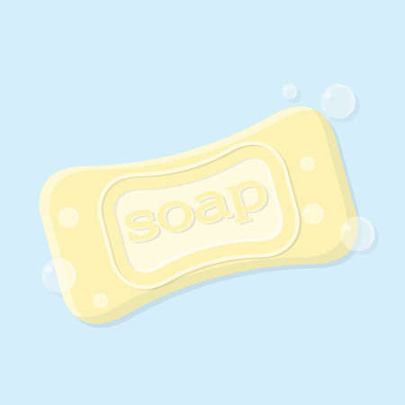 Illustration of a solid bar of soap with bubbles. Yellow solid soap with an inscription.のイラスト素材