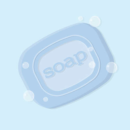 Illustration of a solid bar of soap with bubbles. Blue solid soap with an inscription.のイラスト素材