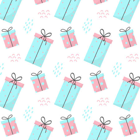 Seamless pattern with gifts. Pattern with blue and pink gifts. The pattern is suitable for prints, posters, fabrics, wrapping paper.のイラスト素材