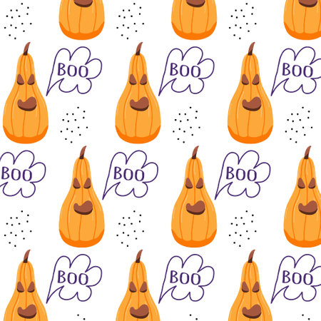Hand-drawn seamless pattern with Halloween pumpkin. A pattern with a sinister scary pumpkin. The pattern is suitable for wrapping paper, textiles, prints, banners.のイラスト素材