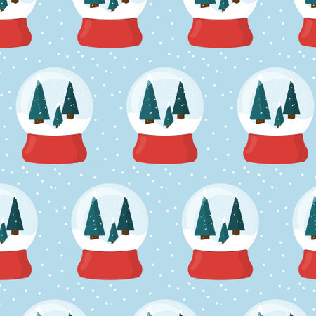 Seamless pattern with Christmas snow globe on red stand. Snow ball. Snow globe with Christmas trees. Vector illustration. Flat style.のイラスト素材