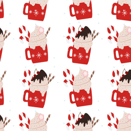 Hand drawn seamless pattern with winter holiday mugs. Sample with mugs and hot coffee, cocoa or chocolate with cream. Christmas pattern.のイラスト素材