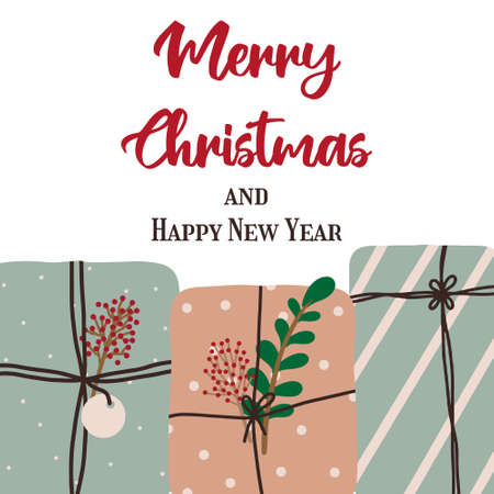 Hand-drawn Christmas card with gifts. Christmas card with gift boxes. Christmas lettering. The illustration is suitable for a postcard, flyer, brochure.のイラスト素材
