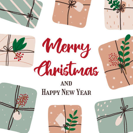 Hand-drawn Christmas card with gifts. Christmas card with gift boxes. Christmas lettering. The illustration is suitable for a postcard, flyer, brochure.のイラスト素材