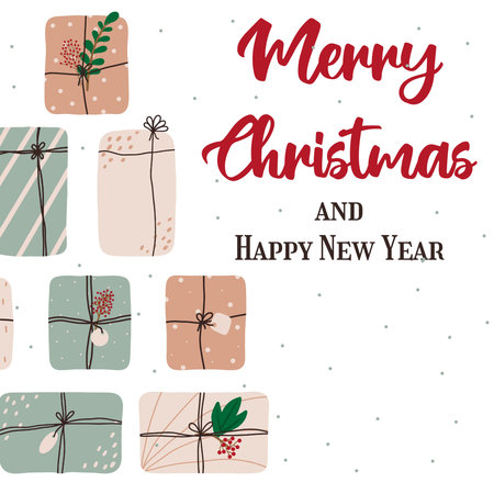 Hand-drawn Christmas card with gifts. Christmas card with gift boxes. Christmas lettering. The illustration is suitable for a postcard, flyer, brochure.のイラスト素材