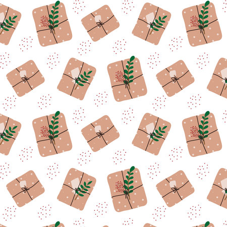 Hand-drawn seamless pattern with Christmas gifts. Christmas pattern with gifts. The pattern is suitable for prints, wrapping paper, textiles.のイラスト素材
