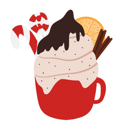 Winter festive mug with hot chocolate, cocoa or coffee. Chocolate, cocoa li coffee with cream.Christmas hot drink.のイラスト素材