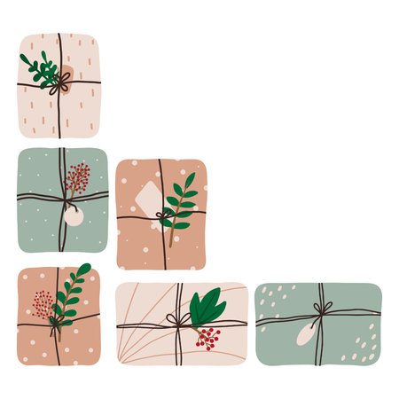 Hand-drawn Christmas card with gifts. Christmas card with gift boxes. The illustration is suitable...