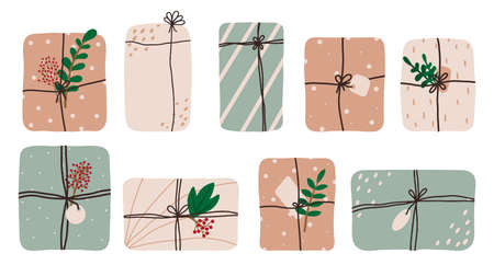 Hand-drawn set of gifts for the holidays. Set of Christmas gifts. Birthday gifts.のイラスト素材