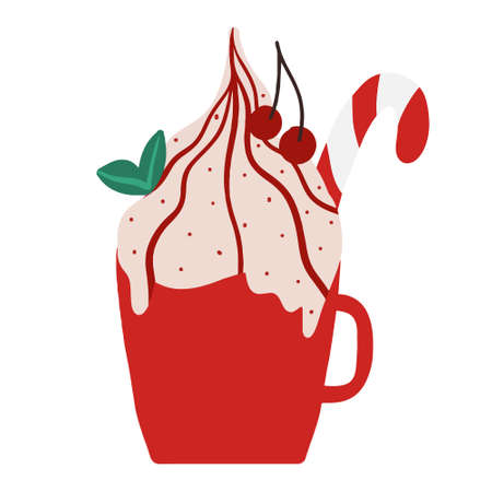 Winter festive cup with a drink. A mug with hot chocolate, cocoa or coffee and cream. With candy and marshmallows.のイラスト素材