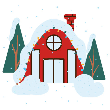 Hand-drawn illustration of New Years house. House decorated for Christmas. House in the snow among the trees. The illustration is suitable for prints, posters, postcards.のイラスト素材