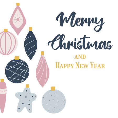 Hand drawn poster with new year toys. Christmas greeting card with christmas toys.のイラスト素材