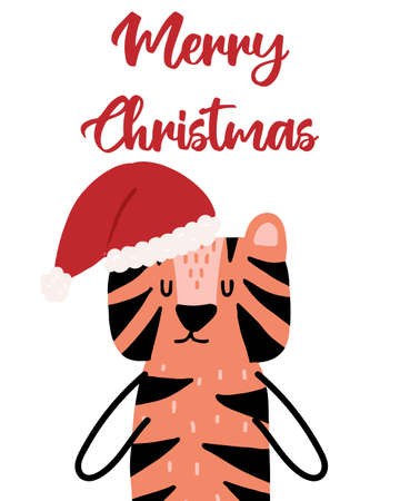 Hand-drawn Christmas card with a tiger in hat. Christmas lettering. Postcard with the symbol of the year 2022.のイラスト素材