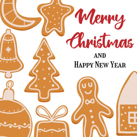 Hand-drawn illustration of gingerbread tree. Christmas card. Christmas template for text.のイラスト素材