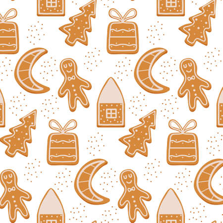 Hand-drawn seamless pattern with gingerbread. Christmas pattern with cookies.のイラスト素材