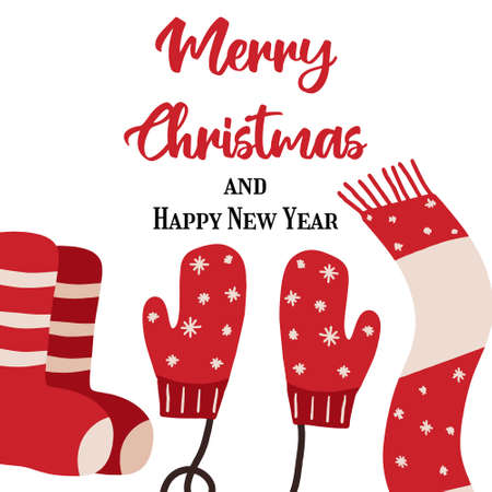 Hand drawn Christmas card with mittens, socks, scarf . Christmas poster.のイラスト素材