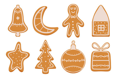 Hand-drawn set of gingerbread. Christmas gingerbread. Cookies for the new year.のイラスト素材