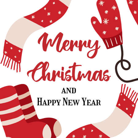 Hand drawn Christmas card with mittens, socks, scarf . Christmas poster.のイラスト素材