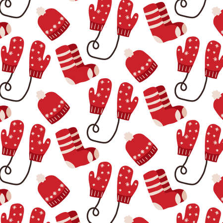 Hand-drawn seamless pattern with mittens, socks and hat. Christmas pattern. Vector illustrationのイラスト素材