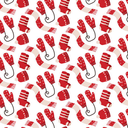 Hand-drawn seamless pattern with mittens, socks and hat. Christmas pattern.のイラスト素材