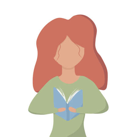 Hand-drawn illustration of red-haired girl with book in her hands. A girl is reading book.のイラスト素材