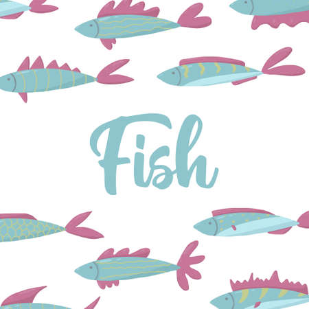 Childrens hand-drawn poster with cute slaves. Background with fishes and an inscription. The illustration is suitable for postcards, posters, banners, prints.のイラスト素材