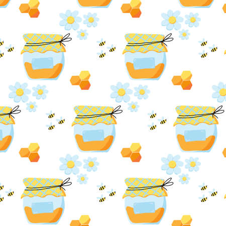 Hand-drawn seamless pattern with honey jar, flowers and bees. Cute bright pattern with honey.のイラスト素材