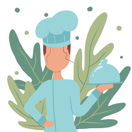 Vector hand drawn illustration of a girl chef. The girl chef holds a ready-made dish in her hand. The illustration is suitable for advertising banners.のイラスト素材