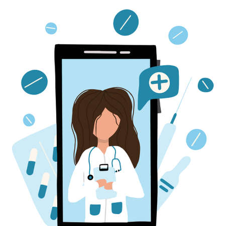 Hand-drawn concept of online doctor consultation. Medical diagnostics via the Internet.Personal doctor giving advice for patient landing page website .のイラスト素材