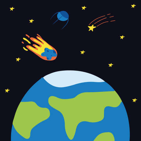 Hand drawn cosmic poster with planet and comet. Space concept. The illustration is suitable for postcards, posters, prints.のイラスト素材