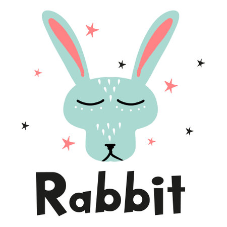 Childrens hand drawn poster with blue rabbit and stars. The illustration is suitable for, postcard, print, poster, label.のイラスト素材