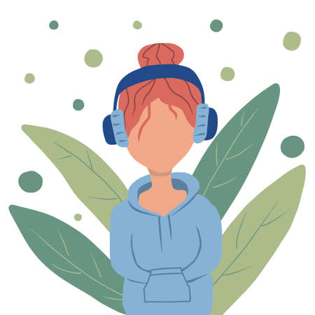 The girl listens to music with headphones. Melomaniac, music lover, fan. Woman enjoying songs in headset.のイラスト素材