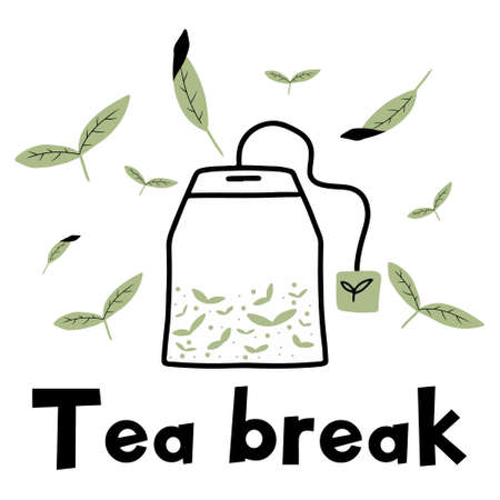 Hand drawn tea bag poster. Tea break postcard. The illustration is suitable for posters, prints. postcards. shortcuts.のイラスト素材