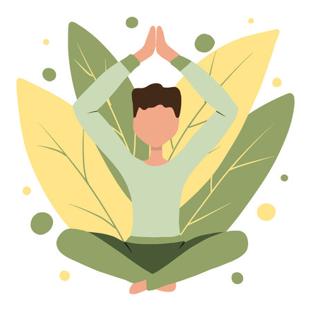 The man sits in the lotus position. I do yoga. Young man in yoga pose doing meditation, mindfulness practice, spiritual discipline at home.のイラスト素材
